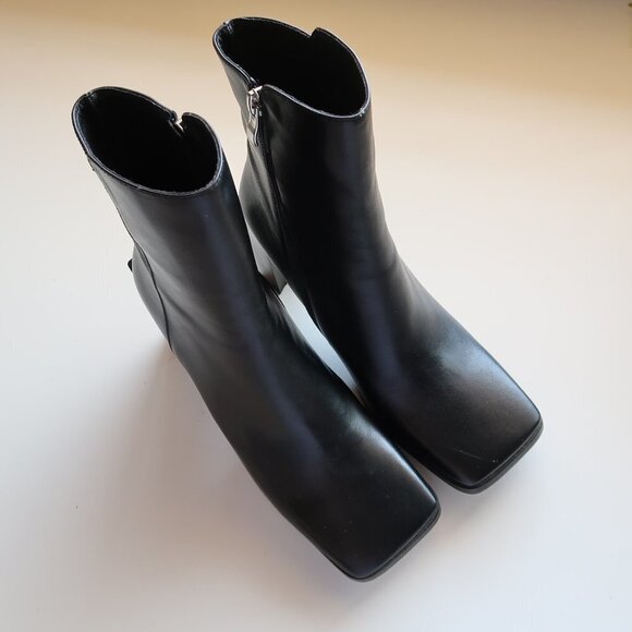 Black Square Toe Real Leather Block Heel Booties - Picture 2 of 10